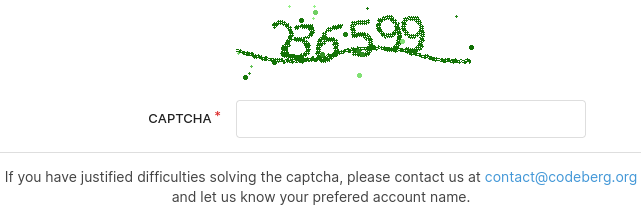 Screenshot of signup CAPTCHA. If you have justified difficulties solving the captcha, please contact us at contact@codeberg.org and let us know your preferred account name.